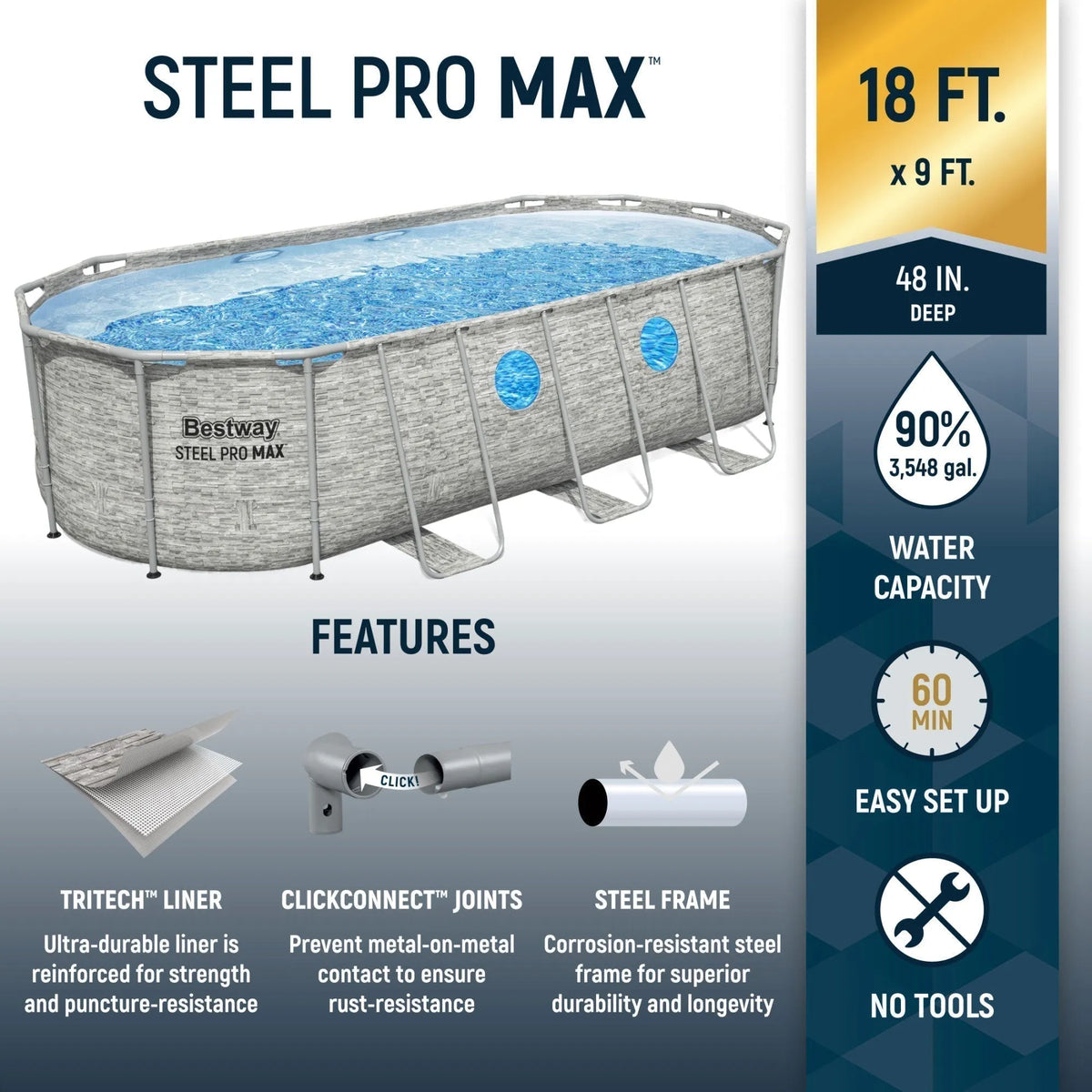 Bestway Power Steel Swim Vista 18′ x 9′ x 48″ Above Ground Swimming Pool Set