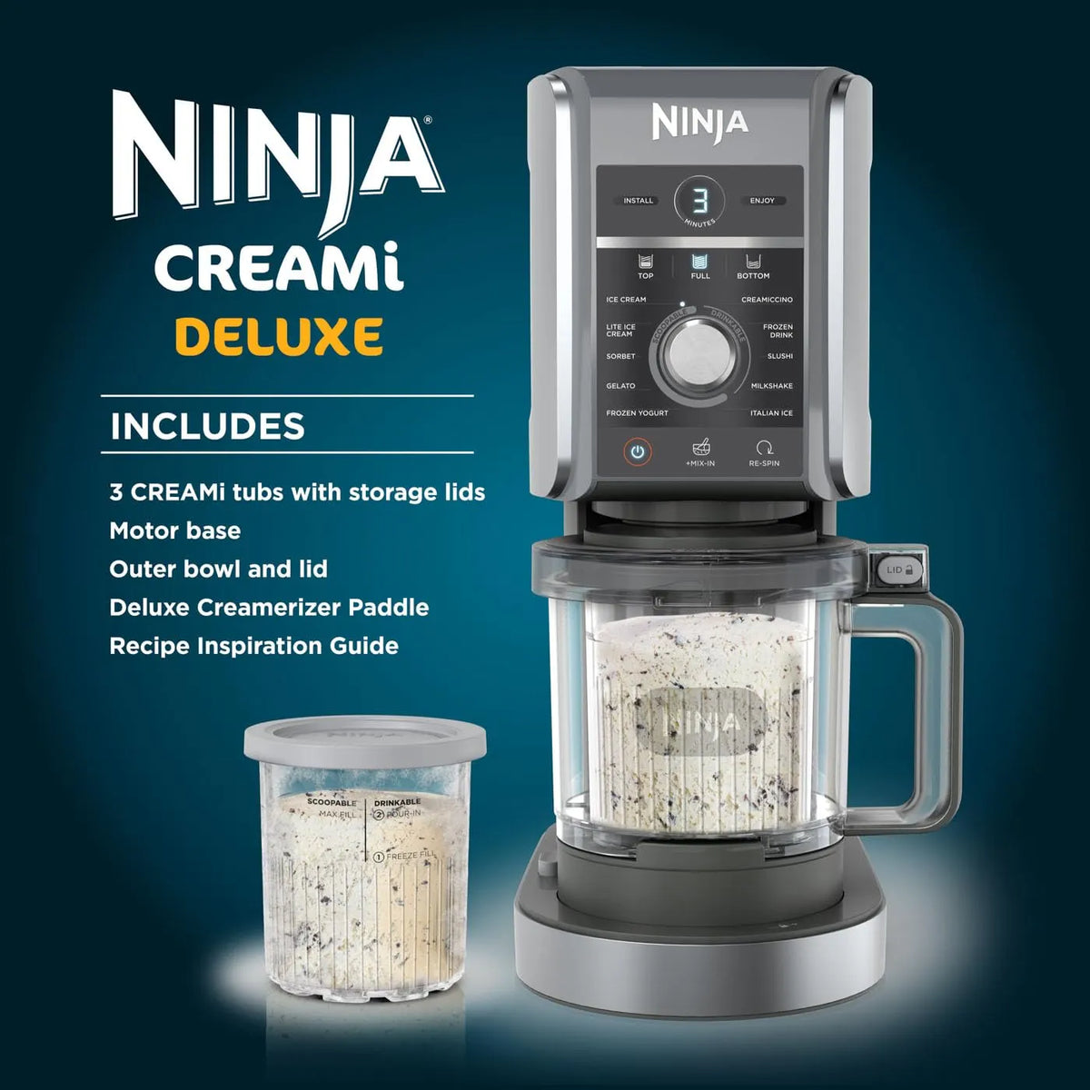 Ninja CREAMi Deluxe Ice Cream & Frozen Dessert Maker 10 Functions 3 Tubs