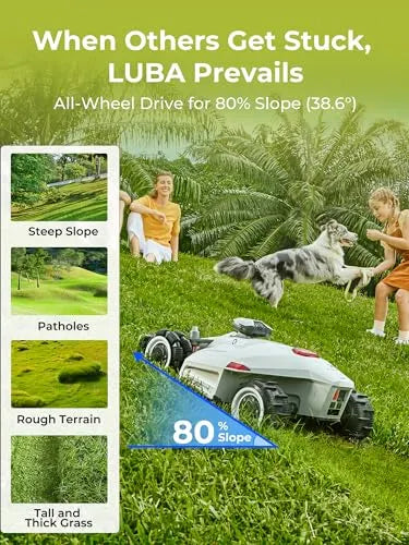 LUBA 2 AWD 10000H Robot Lawn Mower, Perimeter Wire Free Vision Robotic Lawnmower for 2.5 Acres Lawn, Cut Height 2.2″-4.0″, 80% Slope, APP Control Compatible with Alexa, All-Wheel Drive, Anti-Theft