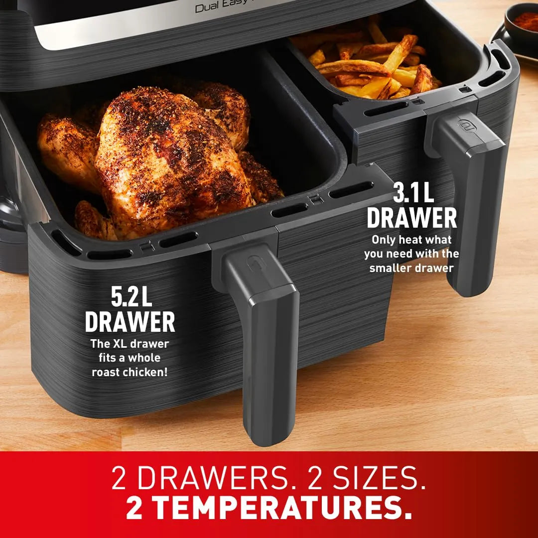 Tefal Easy Fry Dual Zone Digital Air Fryer, 2 Drawers, 8.3L, 8-in-1 Air Fry, Extra Crisp, Roast, Bake