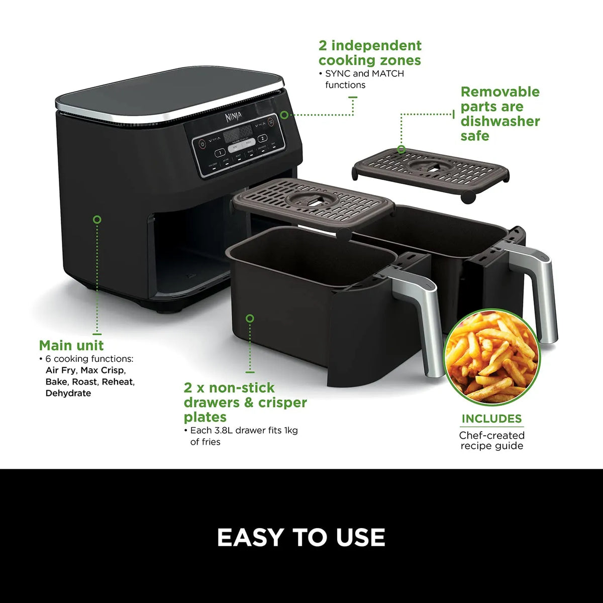 Ninja Foodi Dual Zone Dual Air Fryer 7.6L 6-in-1