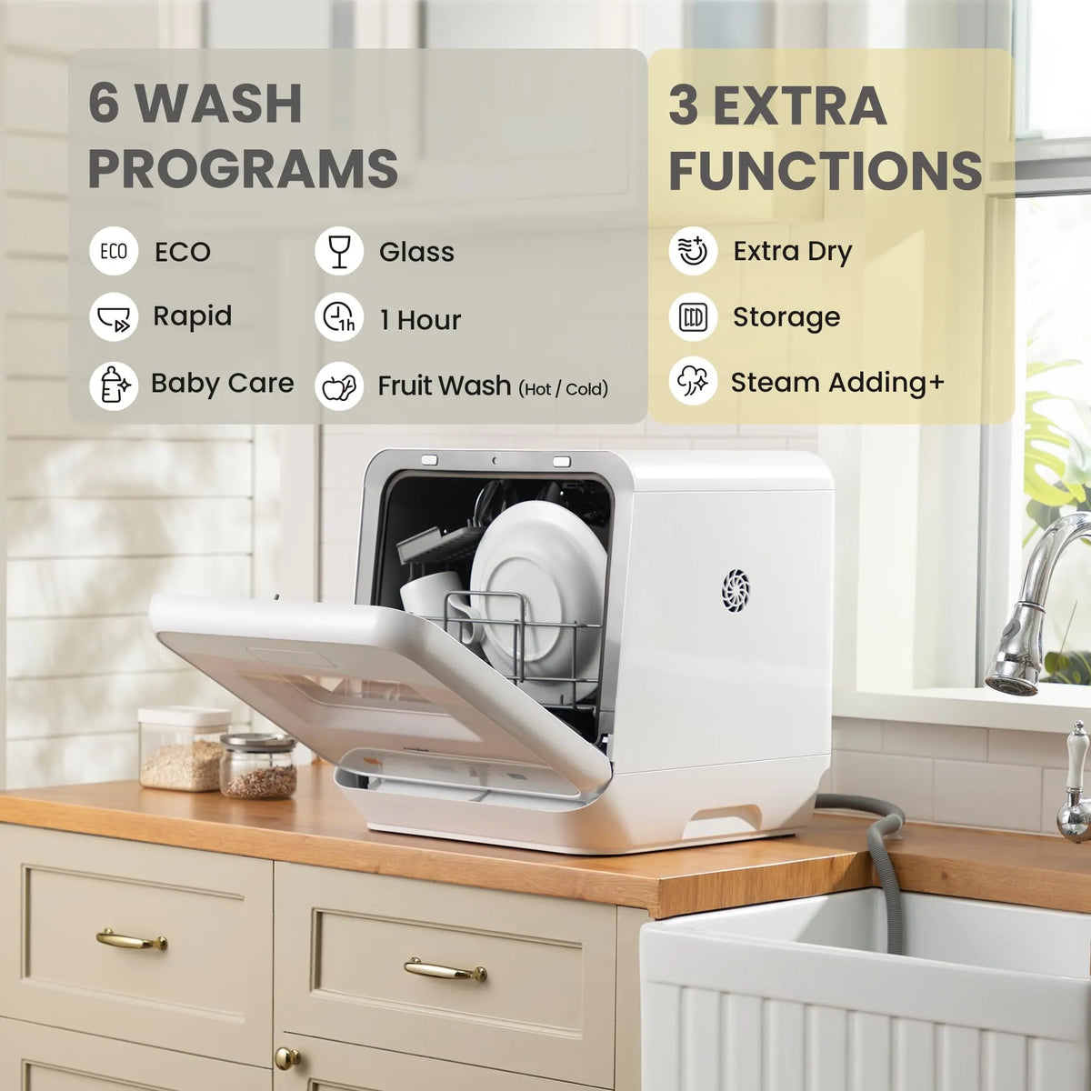 COMFEE' Compact Table Top Dishwasher, 6+3 Programmes, Steam Wash