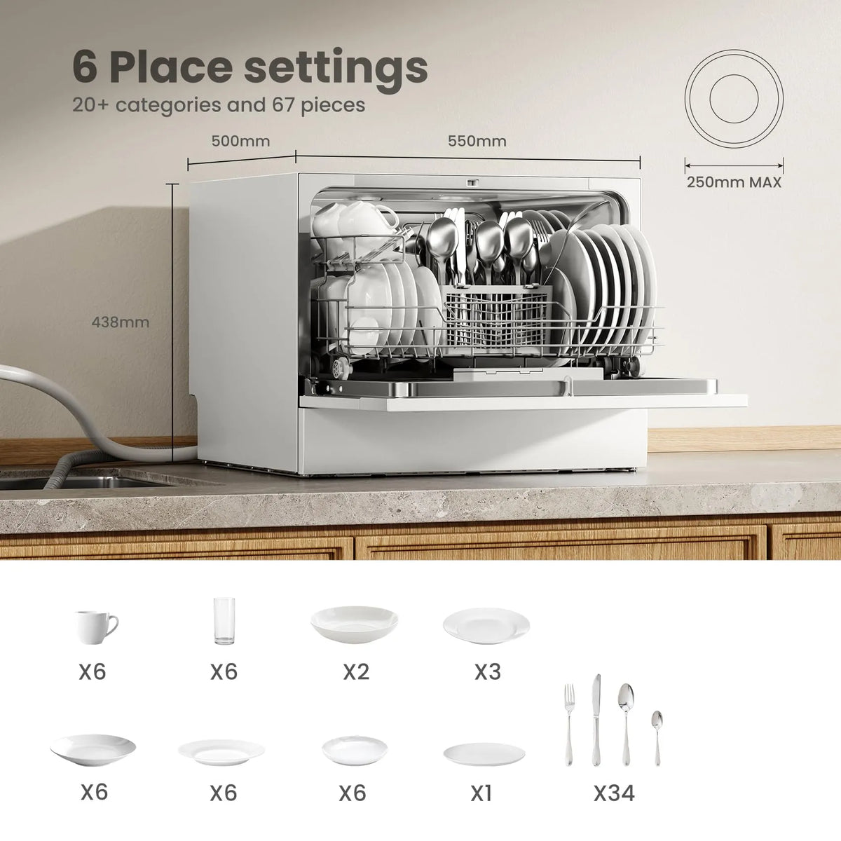 COMFEE' Table Top Dishwasher, 6 Place Settings, LED Display, 47dB, White