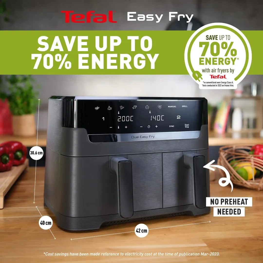 Tefal Easy Fry Dual Zone Digital Air Fryer, 2 Drawers, 8.3L, 8-in-1 Air Fry, Extra Crisp, Roast, Bake