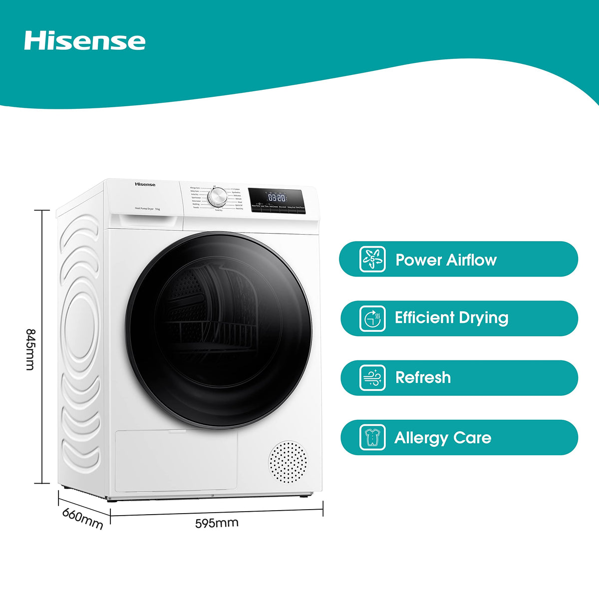 Heat Pump Tumble Dryer 9kg 15 Programmes Auto Dry Steam White 60cm