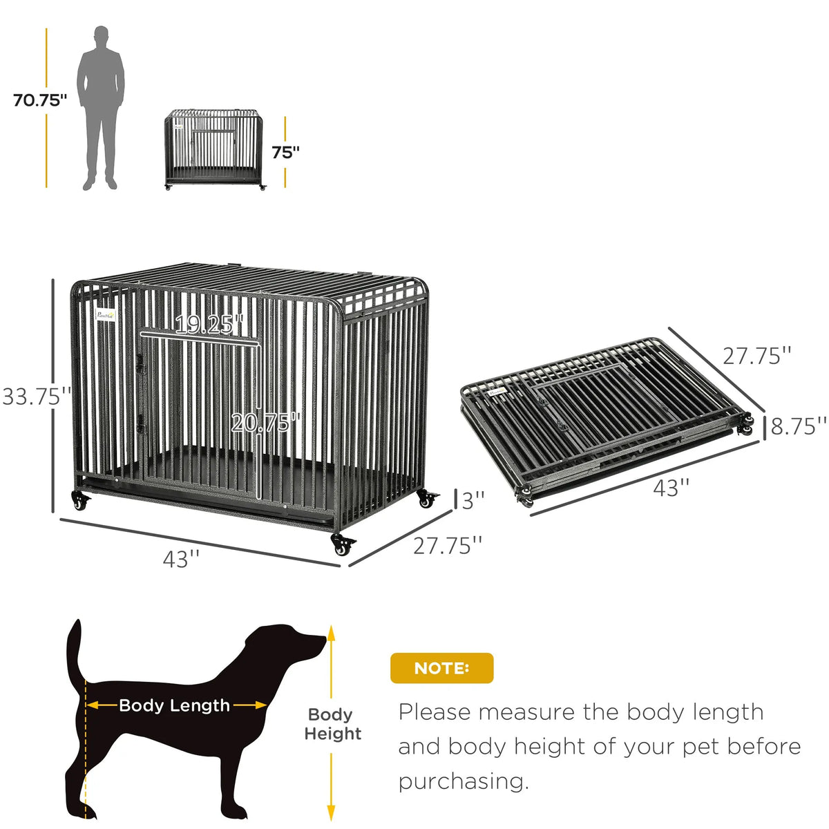 43″ Heavy Duty Dog Cage, Foldable Steel Crate Kennel with Removable Tray, Double Doors, 4 Lockable Wheels for Medium & Large Dogs, Dark Silver