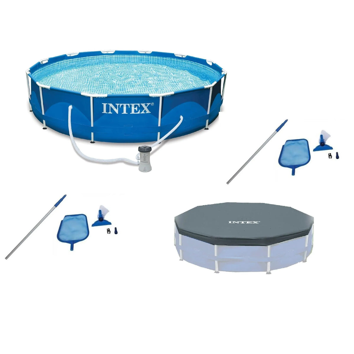 Intex 12’x30″ Swimming Pool w/ Pump, Maintenance Kit (2 Pack) & 12′ Pool Cover