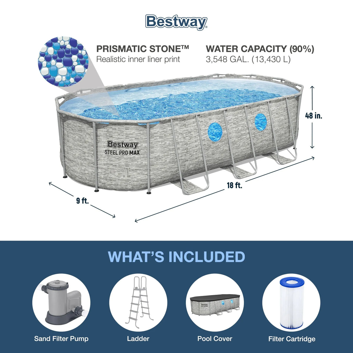Bestway Power Steel Swim Vista 18′ x 9′ x 48″ Above Ground Swimming Pool Set