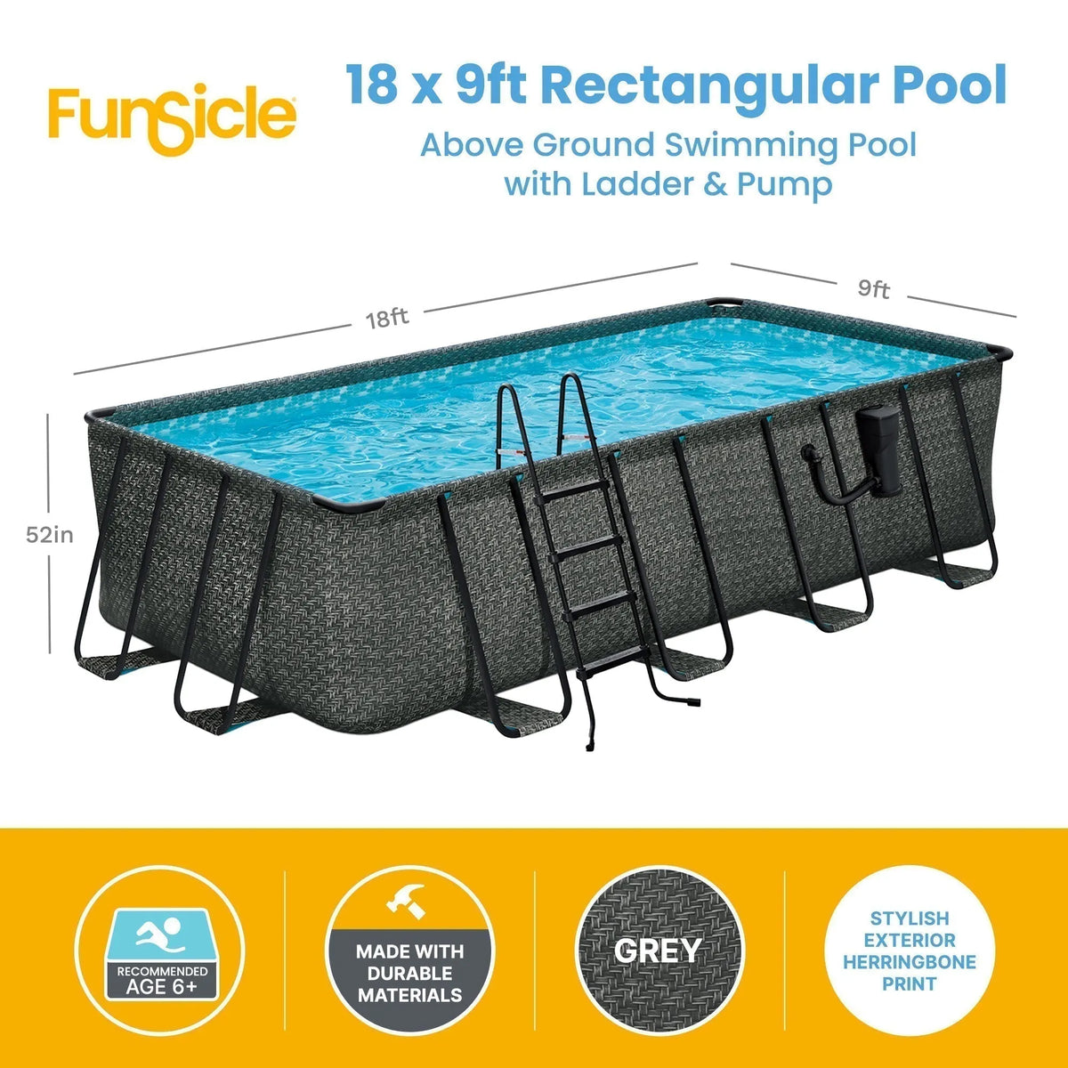 Funsicle 18′ x 9′ x 52″ Oasis Rectangular Swimming Pool Set with 18′ Cover