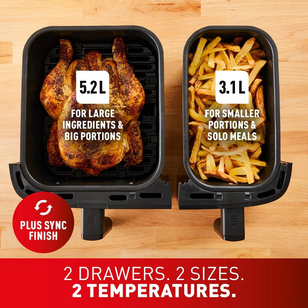 Tefal Easy Fry Dual Zone Digital Air Fryer, 2 Drawers, 8.3L, 8-in-1 Air Fry, Extra Crisp, Roast, Bake