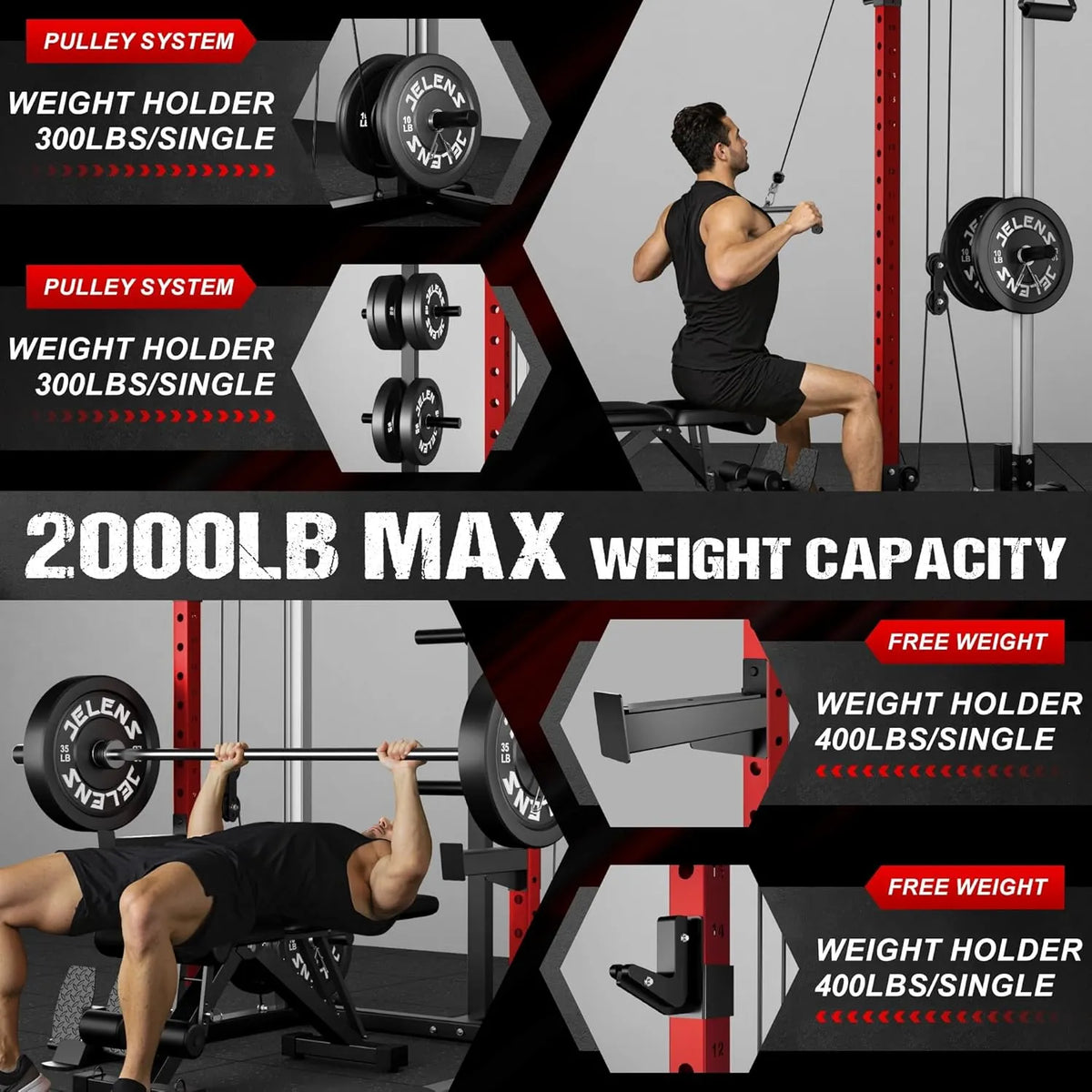 Power Cage C21 Multi-Function 2000LB Power Rack with Dual Pulley Cable & Squat Rack