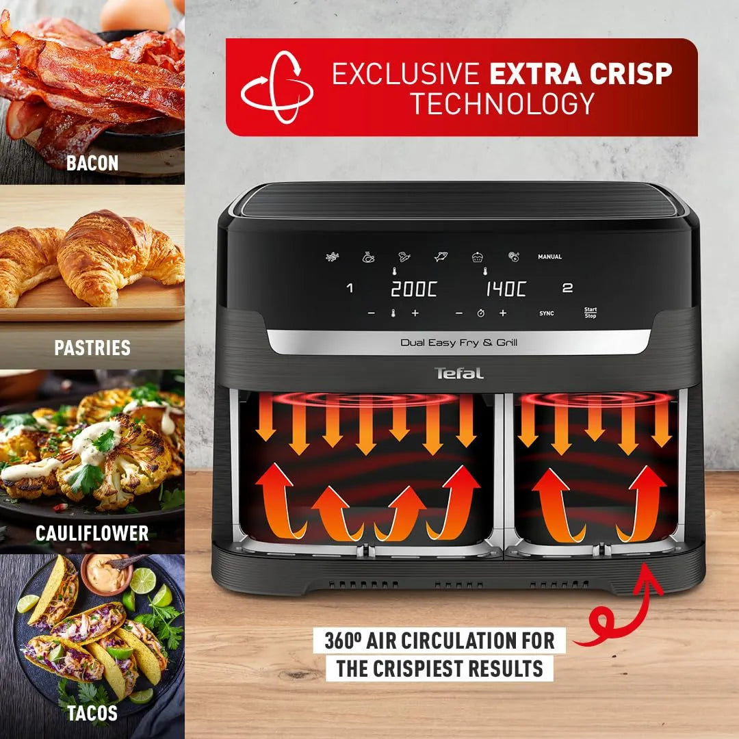 Tefal Easy Fry Dual Zone Digital Air Fryer, 2 Drawers, 8.3L, 8-in-1 Air Fry, Extra Crisp, Roast, Bake