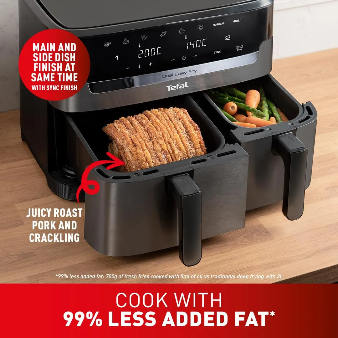 Tefal Easy Fry Dual Zone Digital Air Fryer, 2 Drawers, 8.3L, 8-in-1 Air Fry, Extra Crisp, Roast, Bake