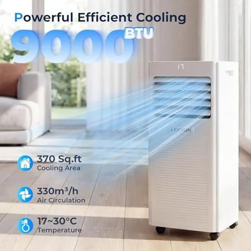 9000 BTU Portable Air Conditioner, 4-in-1 Cooling, Dehumidifier, Fan & Sleep Mode, Remote Control, 24-Hour Timer, Exhaust Hose Kit, Energy Class A
