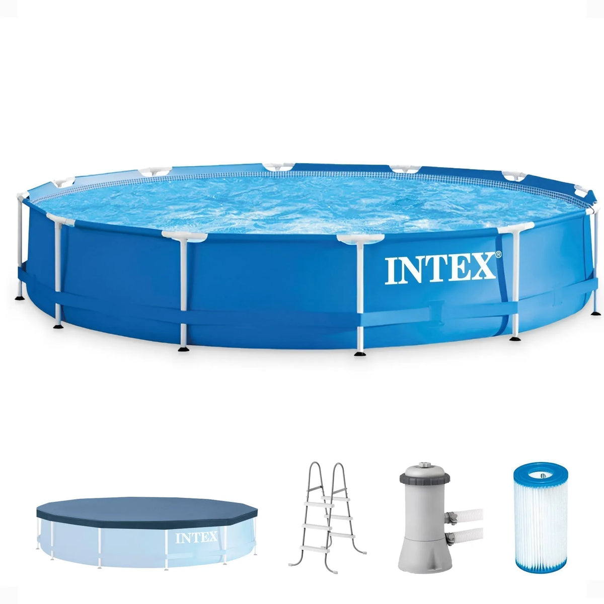 Intex 12’x30″ Swimming Pool w/ Pump, Pool Ladder for 42” Wall, & 12’ Cover