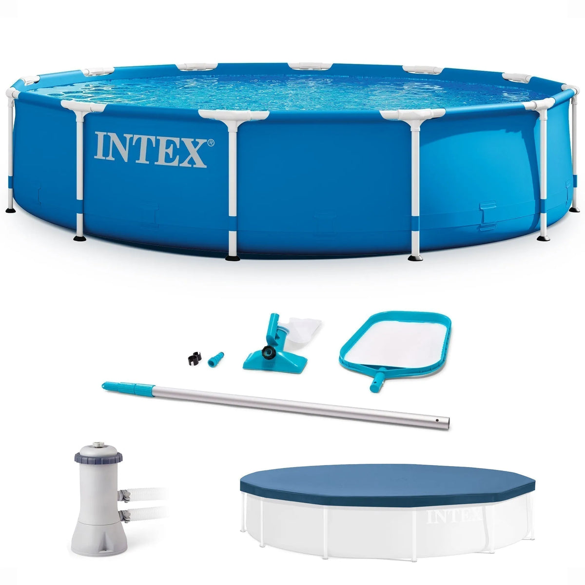 INTEX 12′ x 30″ Metal Frame Above Ground Pool, Filter, Cover, & Maintenance Kit