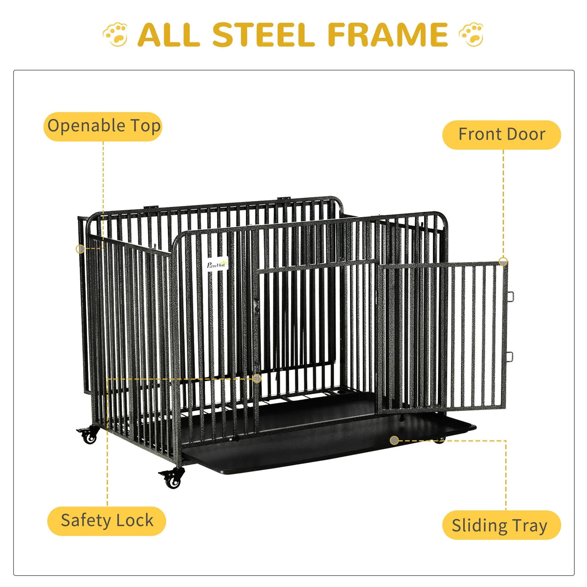 43″ Heavy Duty Dog Cage, Foldable Steel Crate Kennel with Removable Tray, Double Doors, 4 Lockable Wheels for Medium & Large Dogs, Dark Silver
