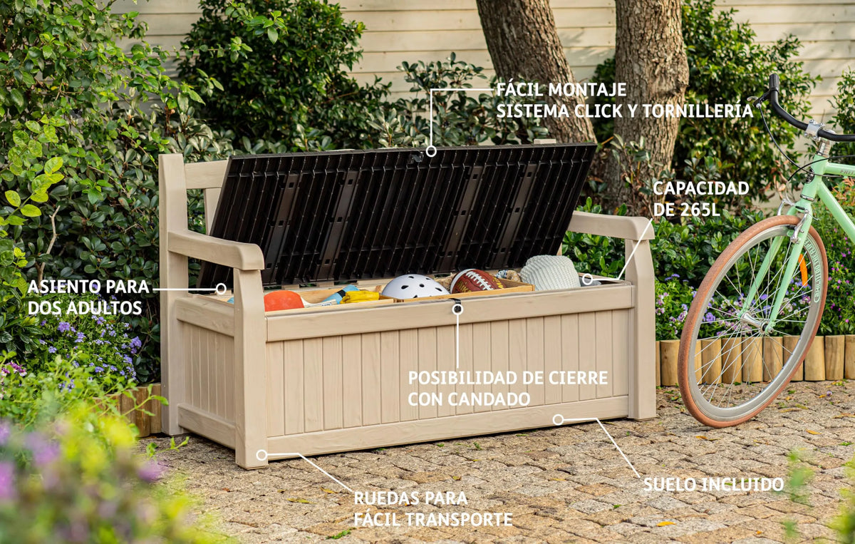 Keter Eden 265L Garden Storage Bench - Wood Effect Beige/Brown