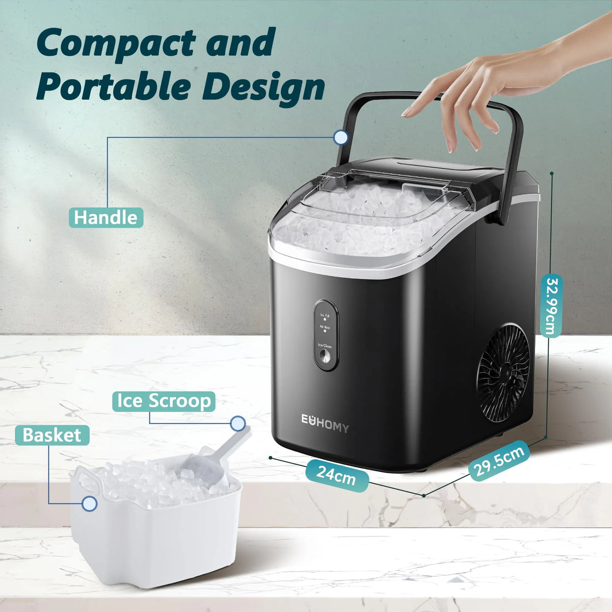 EUHOMY Nugget Ice Maker with Handle 15.5kg/24h Chewable Ice