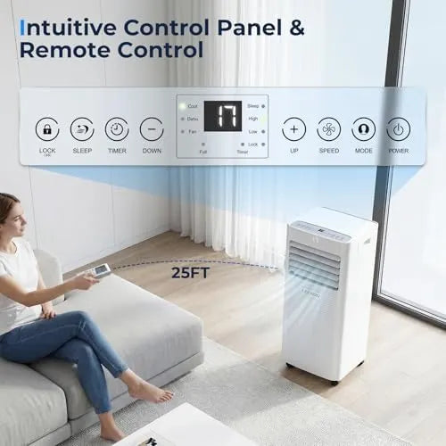 9000 BTU Portable Air Conditioner, 4-in-1 Cooling, Dehumidifier, Fan & Sleep Mode, Remote Control, 24-Hour Timer, Exhaust Hose Kit, Energy Class A