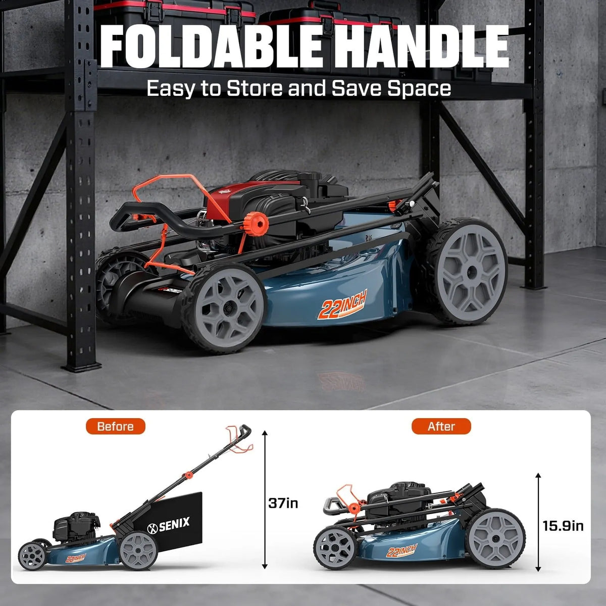 SENIX Self-Propelled Gas Lawn Mower, 22in Cutting Blade / 23in Cutting Deck, 150 cc 4-Cycle Made in Briggs & Stratton Engine , 3-In-1, 6-Position Adjustment, 11in Rear Wheels, LSSG-H3