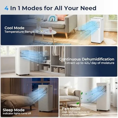 9000 BTU Portable Air Conditioner, 4-in-1 Cooling, Dehumidifier, Fan & Sleep Mode, Remote Control, 24-Hour Timer, Exhaust Hose Kit, Energy Class A